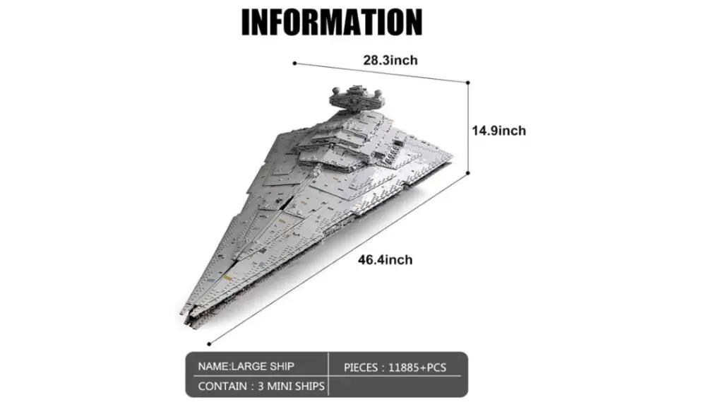 Mould King 13135 Star Destroyer information, including the dimension of the battleship