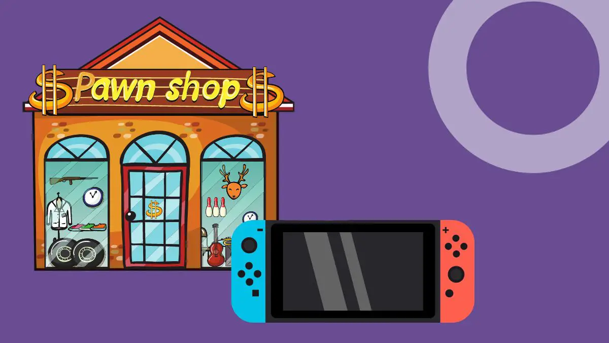 Pfandhaus Nintendo Switch mit Pfandhaus als Hintergrund